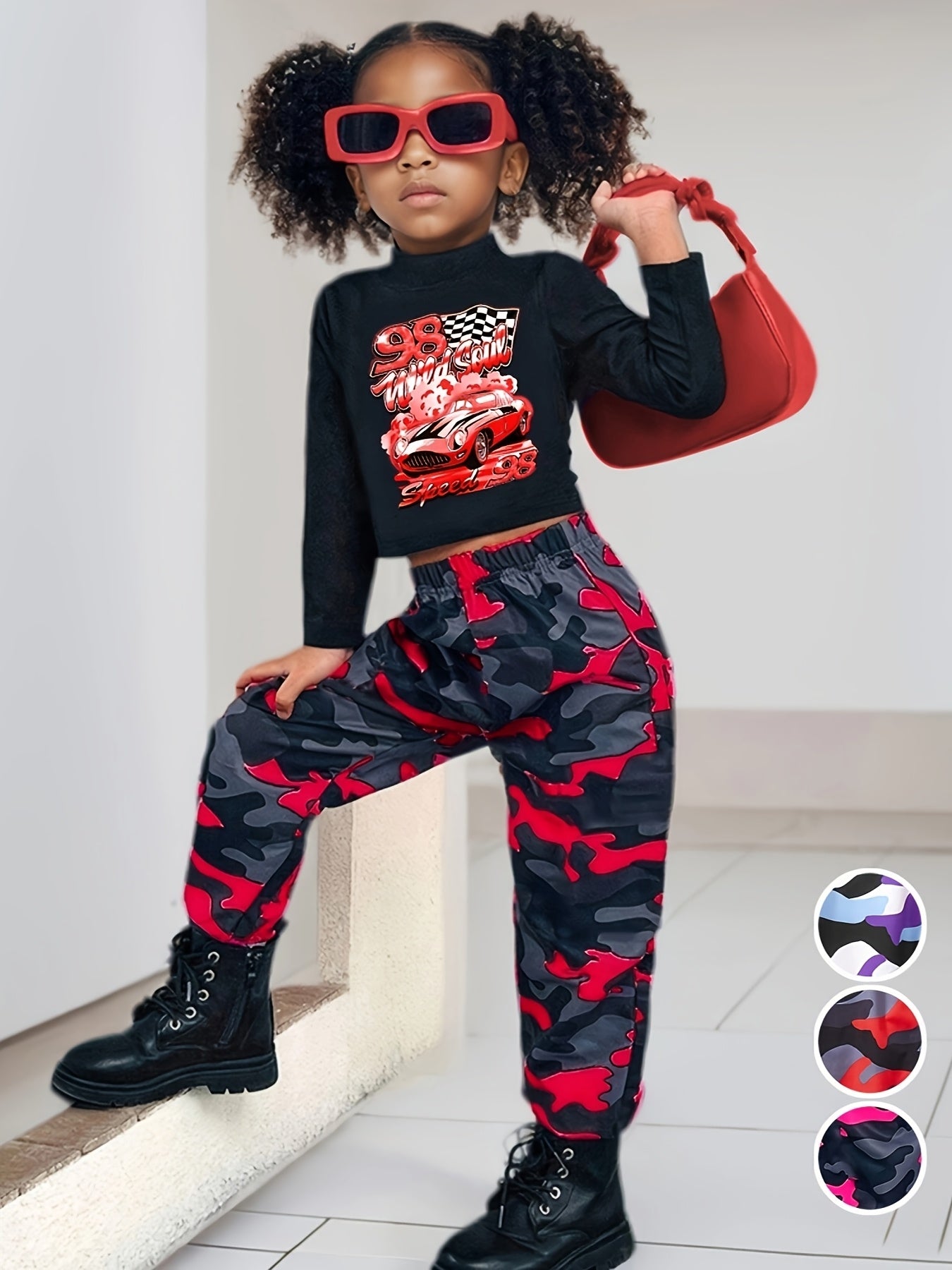 Girls 2pcs Set: Black Small High Collar Long Sleeve Pattern T-shirt + Camouflage Work Bag Jogging Pants, Suitable for Autumn, Suitable for 3 Years Old and Above, for Outdoor