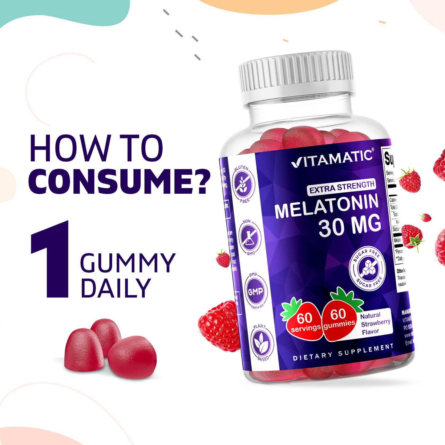 Vitamatic Sugar Free Melatonin 30mg per Gummy - 60 Servings - 60 Vegetarian Gummies - Non-Habit Forming Supplement 60 Count