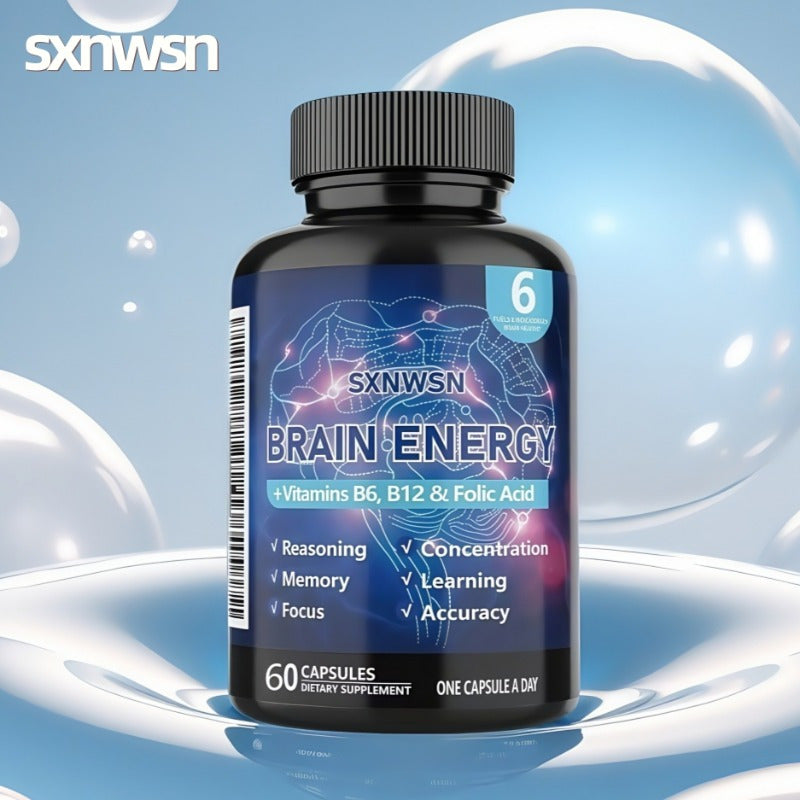 SNWS Brain Energy Supplement with Vitamins B6 & B12 - Focus, Memory & Learning Enhancer, 60 Capsules, Improves Attention, Accuracy & Reasoning, Non-Toxic Formula for Daily Use