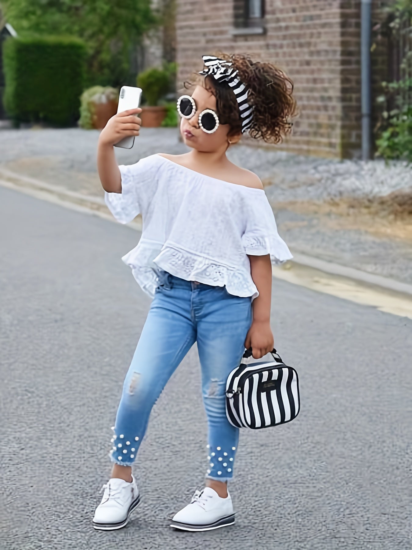 1-6 Years Toddler Girl Denim Pant Clothes Set 2pcs Off Shoulder Tops+Beading Denim Pants Baby Summer Outfits, for Outdoor