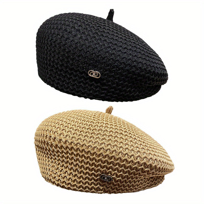 2pcs Women's Breathable Beret Hats - Spring & Summer Knitted Painter Caps, Casual Chic, Lightweight Fabric, Fashion Accessory in Black, Beige, and Brown