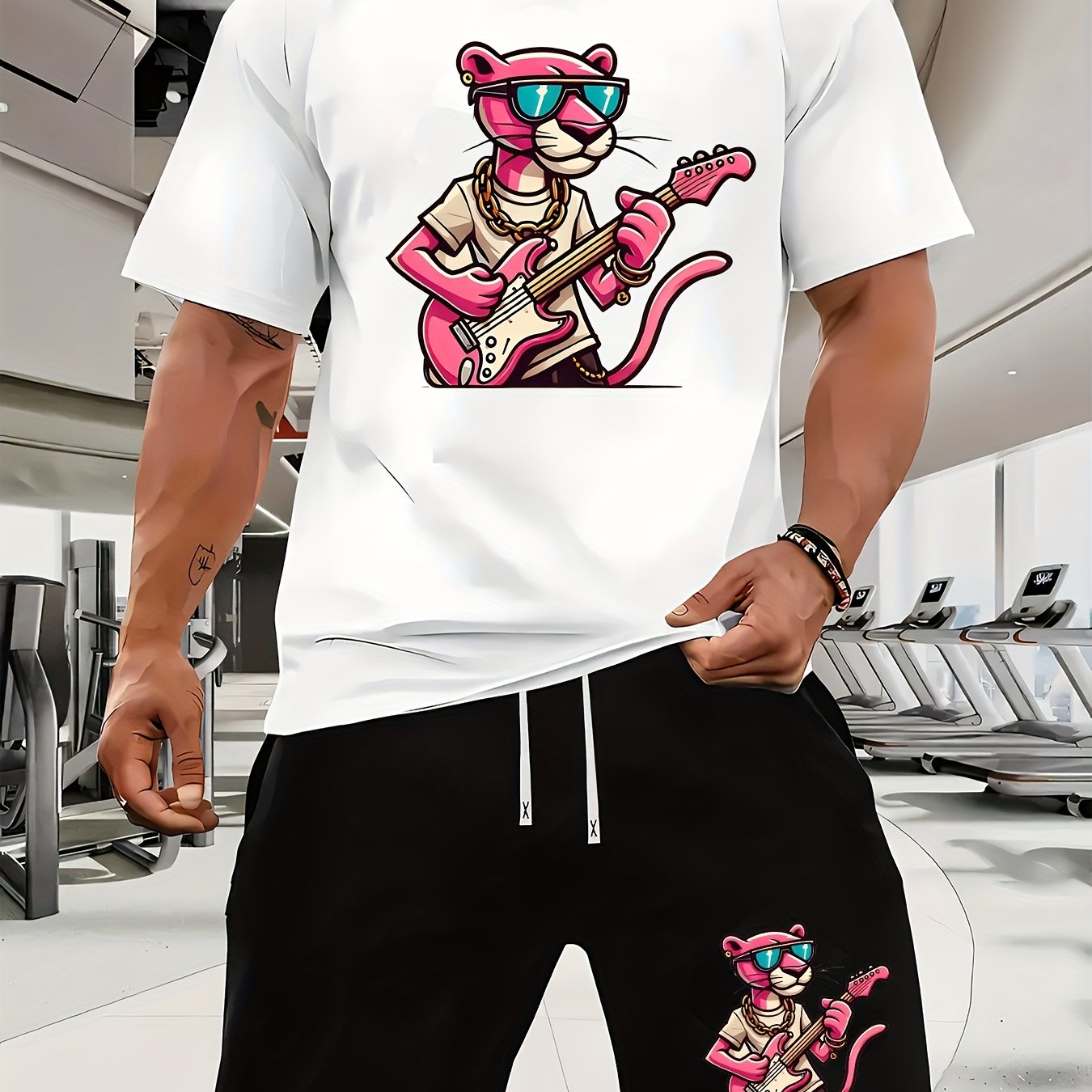 A Casual Sports Set Consisting of a Short-Sleeve T-Shirt Featuring a Stylish Pink Panther Cartoon Print And Fitted Shorts, Perfect for Spring And Summer Outfits.