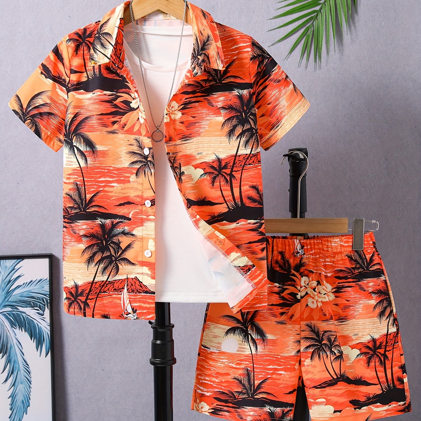 2-Pack (Set) Boys Sunset Coconut Tree Pattern Print Short Sleeve Lapel Shirt And Shorts Set, Comfortable Summer Boys Daily And Outdoor Wear, for Outdoor