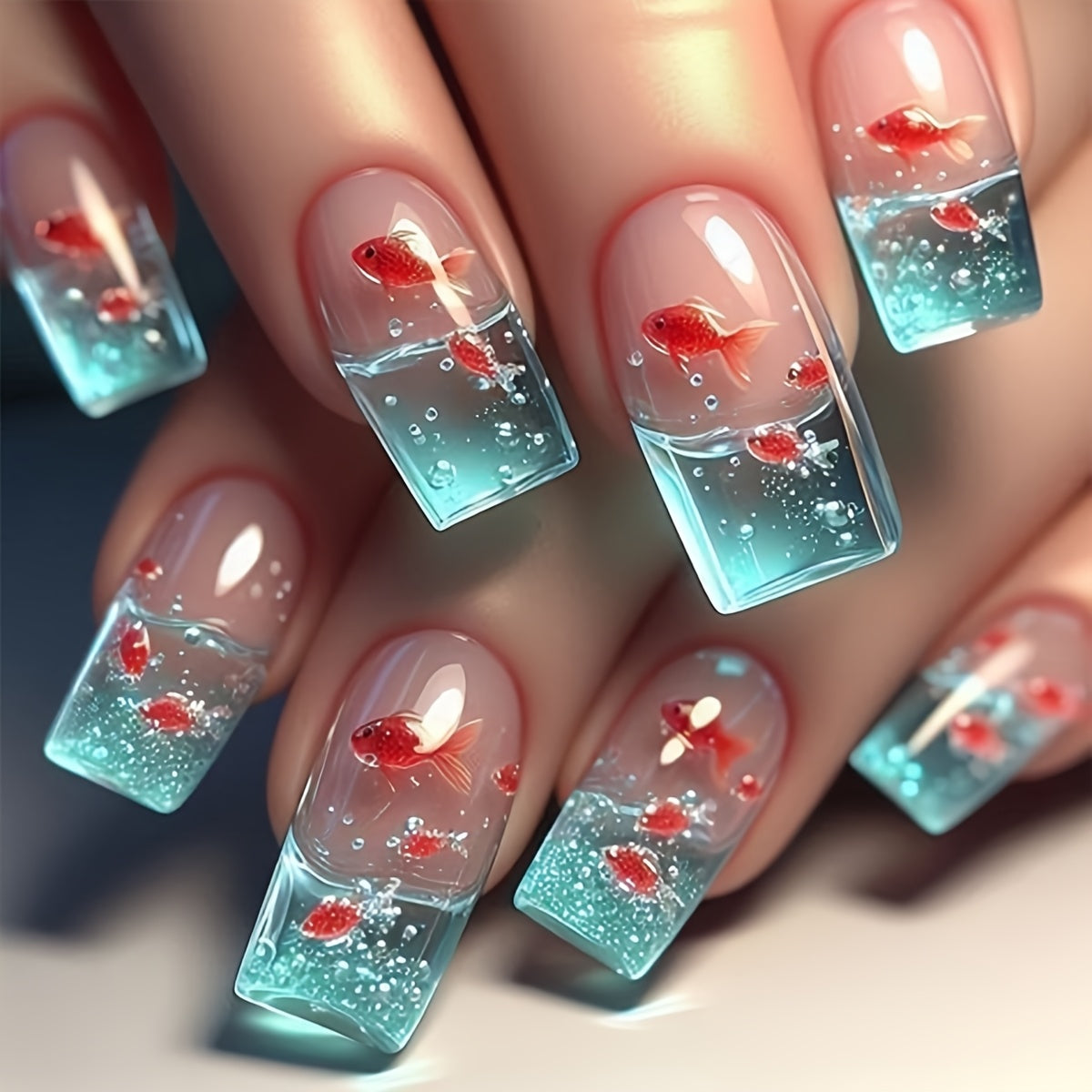 24pcs Square Medium-Length Press-On Nails - Fish Tank & Goldfish Design with Glossy Finish, Red & Teal Aquarium Theme, Includes Jelly Glue & Nail File for Easy Application, Goldfish Tank Decoration, Creative Beauty Accessory,