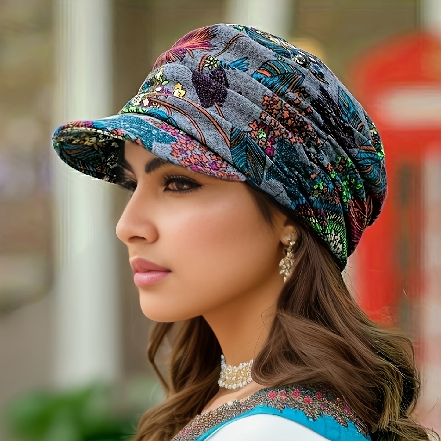 Women'S Lightweight Newsboy Cap With Breathable Fabric, Floral Print, Durable Polyester Blend, Daily Wear