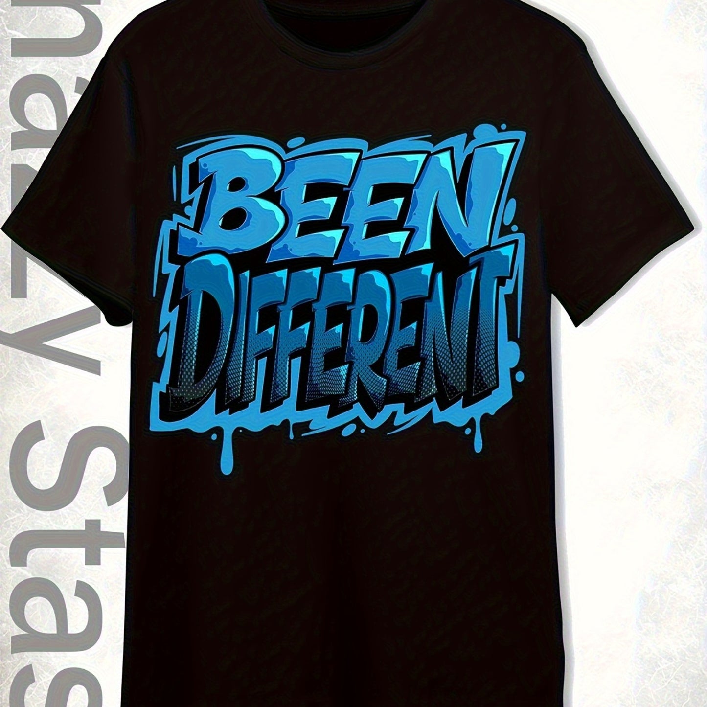 BEEN DIFFERENT Unisex Retro 90s Graphic T-Shirt - Powder Blue & Black Bold Text Design, Cotton Crew Neck Streetwear Tee with Glossy Finish, Straight Cut Fit for Men & Women, All-Season Casual Wear, Seasonal Fashion | Comforta