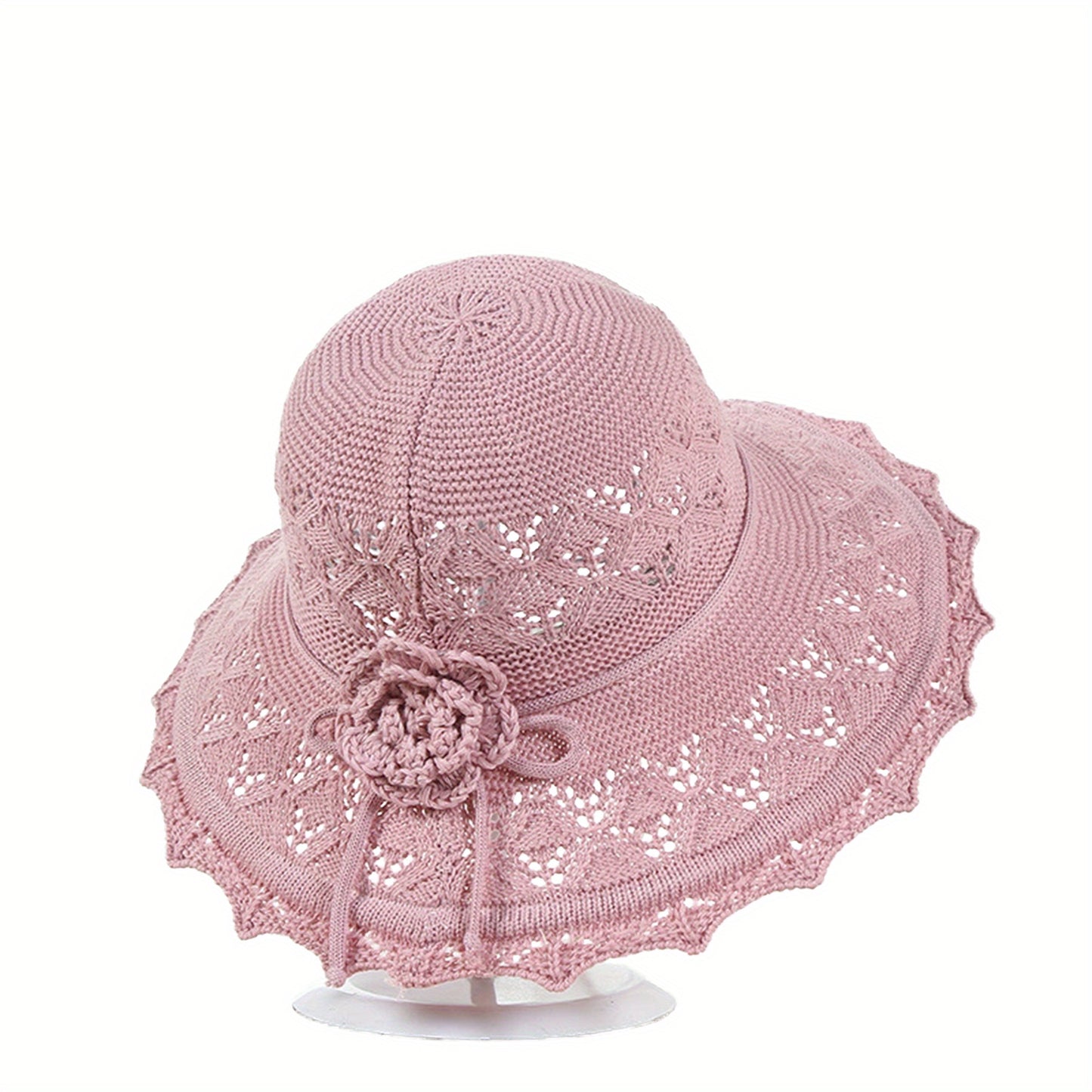 MONYPLAY Women's Summer Crochet Straw-Style Acrylic Sun Hat - Wide Brim Lightweight Floppy Beach Hat with Floral Embellishments, Machine Washable for Outdoor, Garden & Picnic