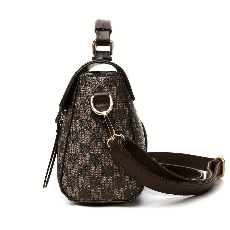 Vintage Geometric Women's Handbag - Large Capacity PU Shoulder Bag with Golden-Tone Hardware, Herringbone Pattern & Letter "M" Design, Detachable Strap, Perfect for Everyday Use (Light Brown/White/Black)