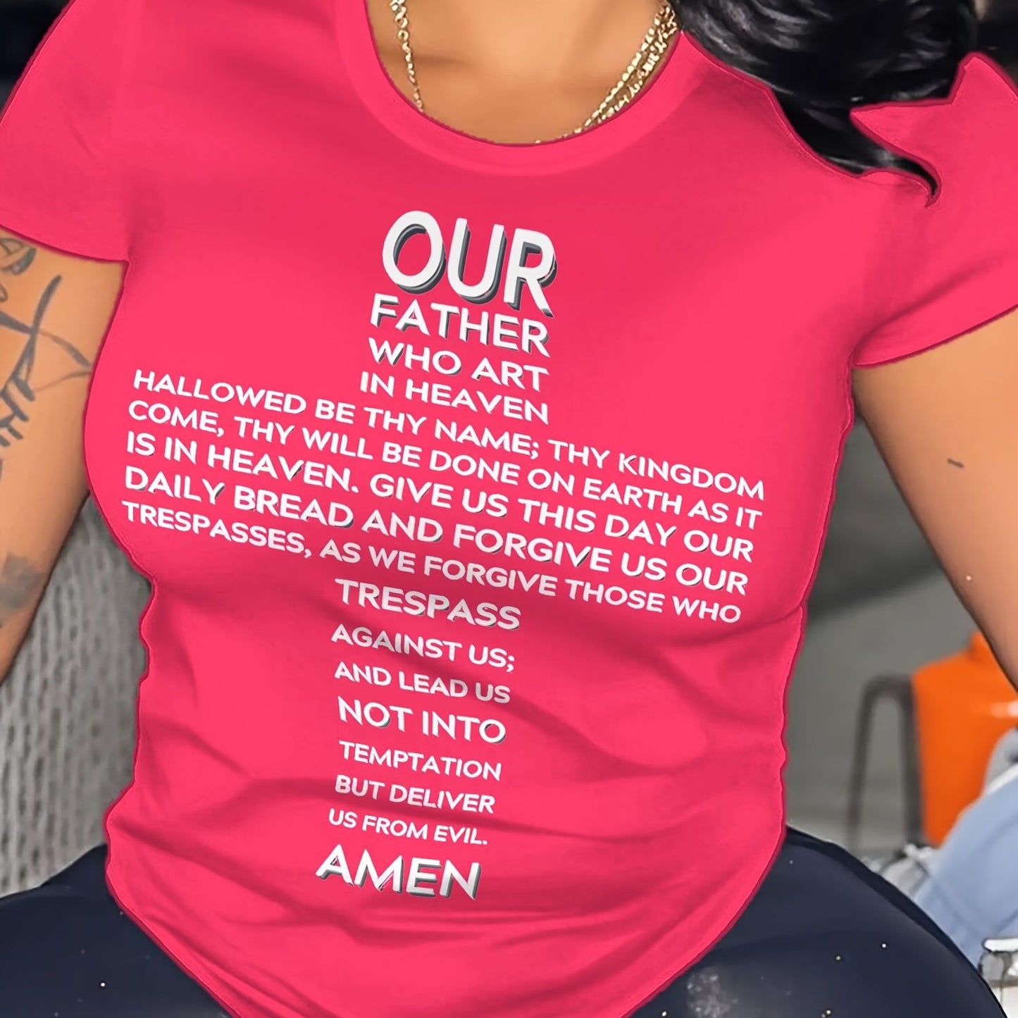 Women's Plus Size Loose Fit T-Shirt - Lord's Prayer Cross Print Religious Inspirational Top, Soft Stretch Comfort, Bright Pink with White Text, Machine Washable Round Neck Casual Shirt for Spring Summer Fall, Ladies T Shirts,