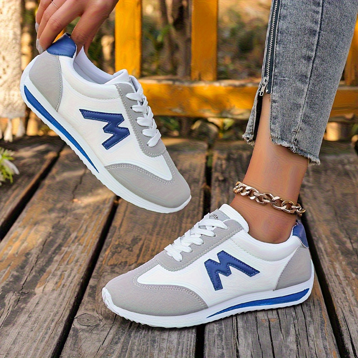 Women'S Lightweight Casual Sneakers, Fashionable White with Black, Red, Yellow, Green, and Navy Blue Accents, EVA Sole Running Shoes, Lace-up, Low-cut Design, Suitable for All Seasons