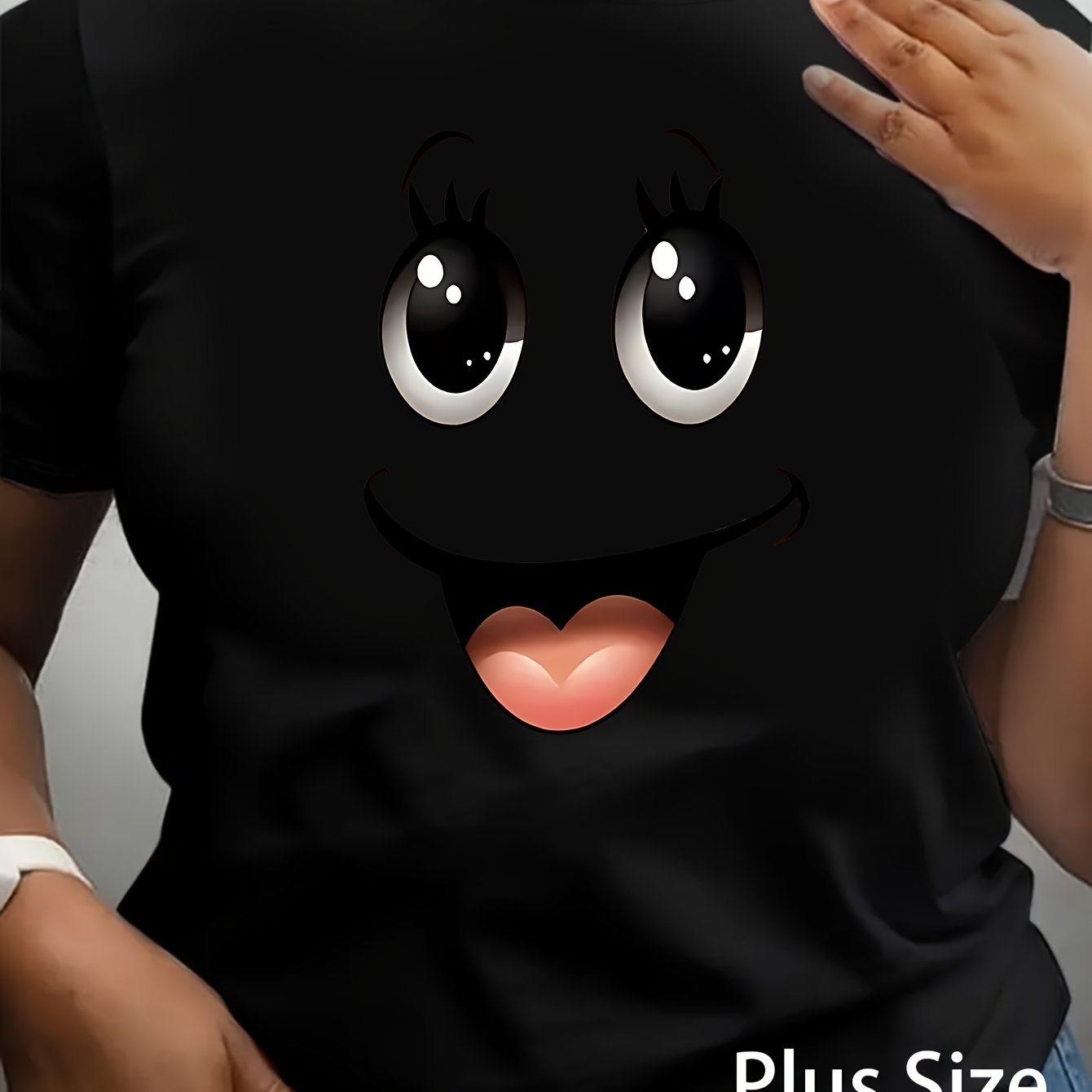 Plus Size Women'S T-shirts Big Eyes joyful Face Print Short Sleeve Crew Neck Casual Top For Spring & Summer Women'S Clothing Black/Pink/Orange T-Shirt Lady Summer Party Daily Wear Tee