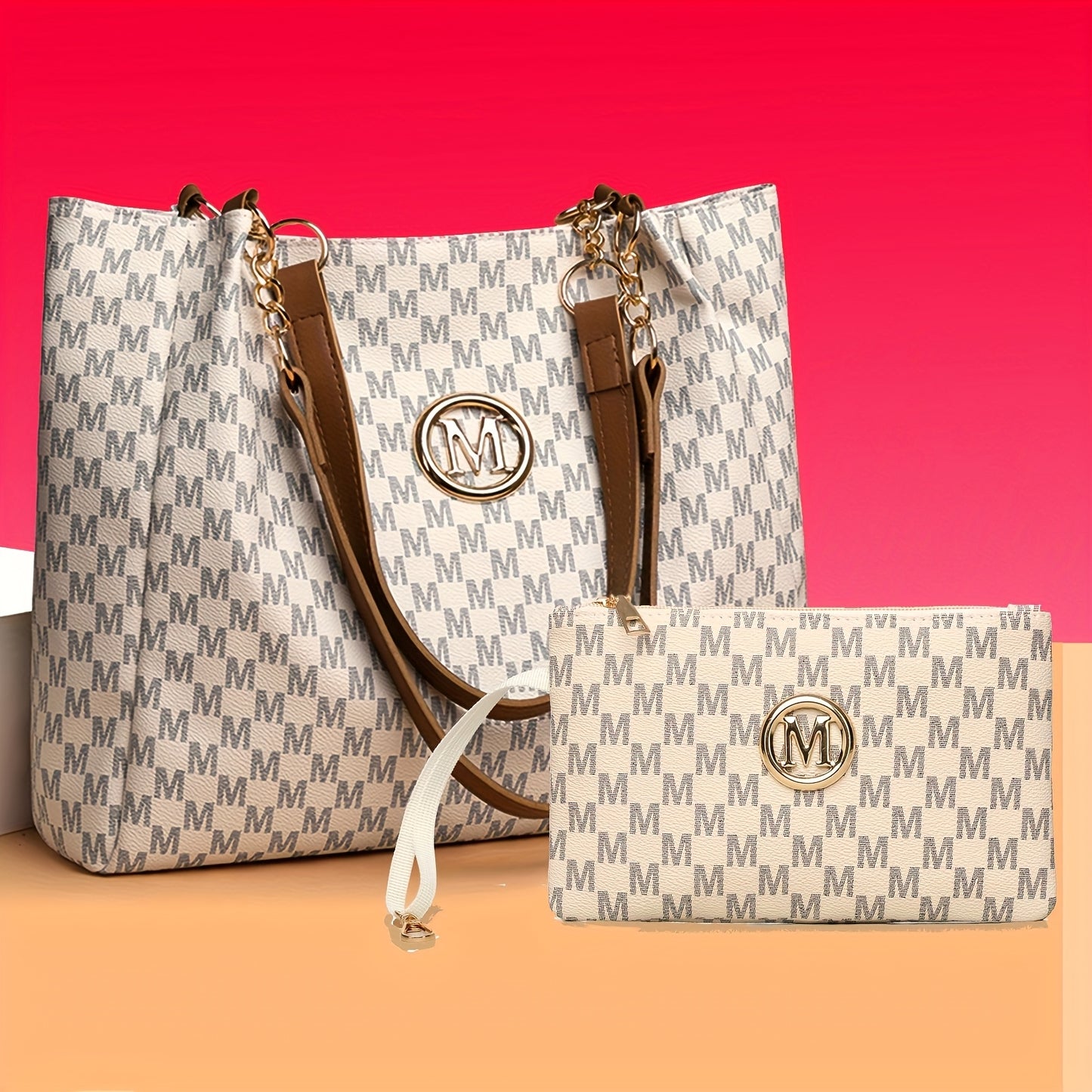 Perfect Lily "M" Logo Tote Bag - Elegant Black & White Checkered Shoulder Bag with Golden Hardware, Large Capacity for Daily Commute, Shopping, Travel - Ideal Gift for Women, Commute Bag|Checkered Pattern Bag|Durable Zippers,