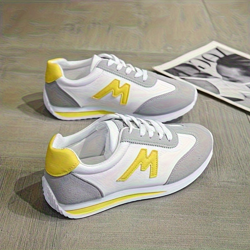 Women'S Lightweight Casual Sneakers, Fashionable White with Black, Red, Yellow, Green, and Navy Blue Accents, EVA Sole Running Shoes, Lace-up, Low-cut Design, Suitable for All Seasons