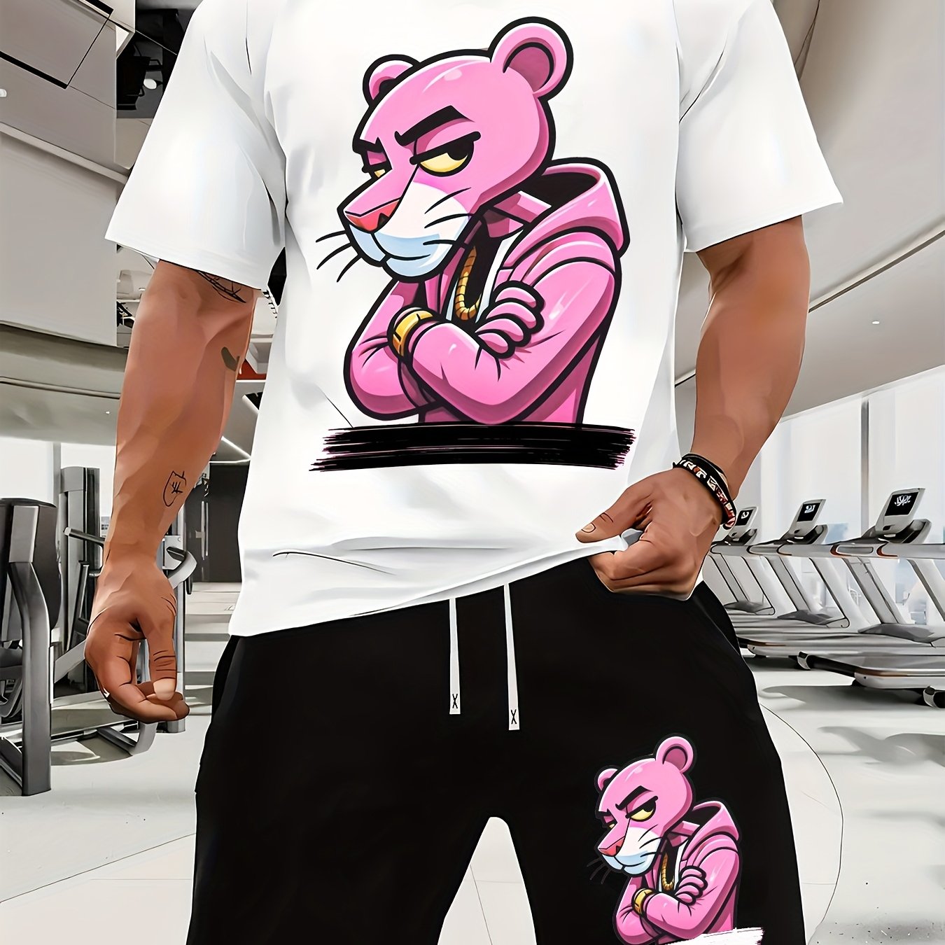 Men'S Short-Sleeved T-Shirt And Waist-Tightening Shorts Set with Trendy Pink Leopard Image Print, Casual Sports Regular Top And Pants Suit, Suitable for Spring And Summer Matching
