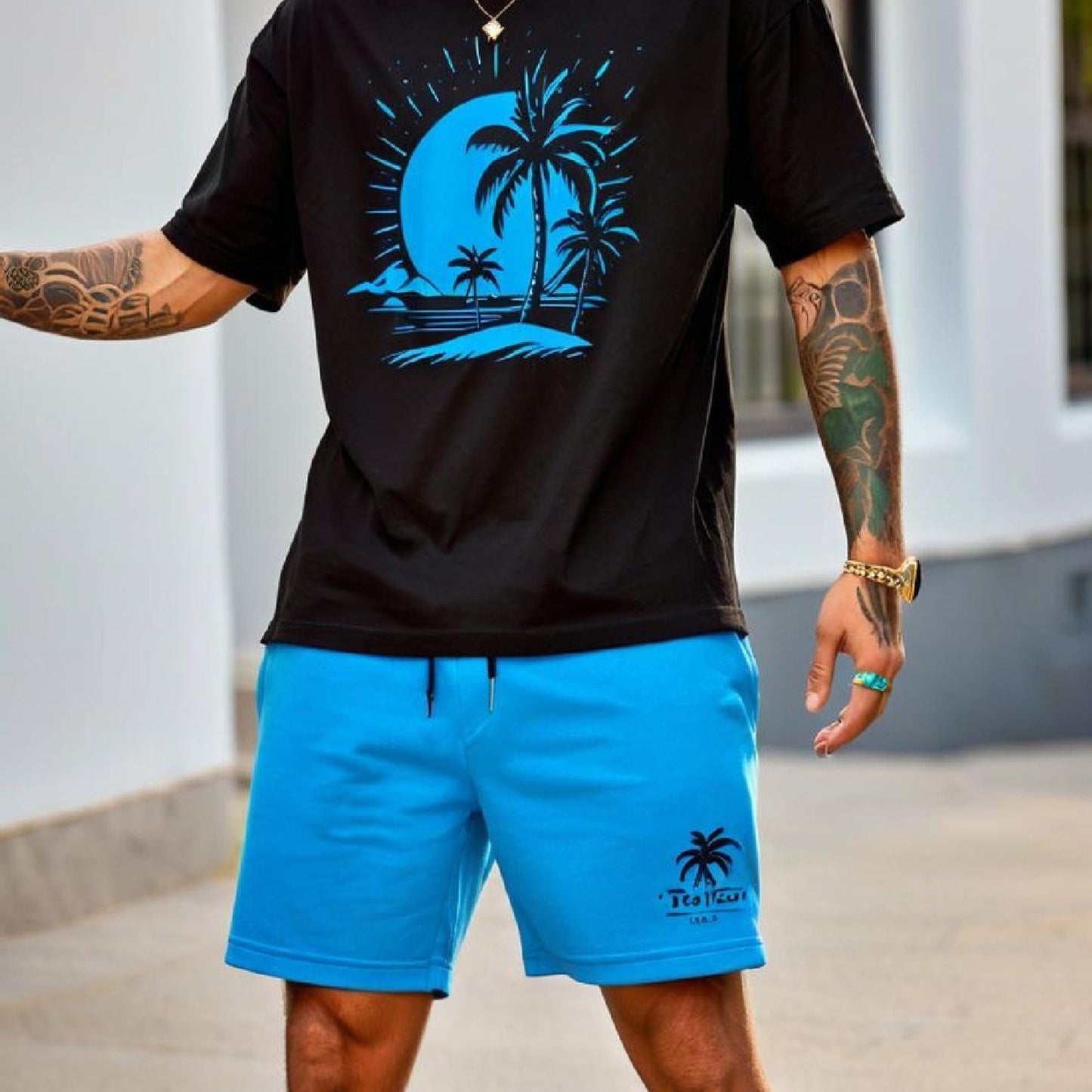 Men'S Casual Cotton T-Shirt+Drawstring Shorts with Tropical Palm Tree And Crescent Pattern, Short Sleeves, Round Neck - Perfect for Summer Activities