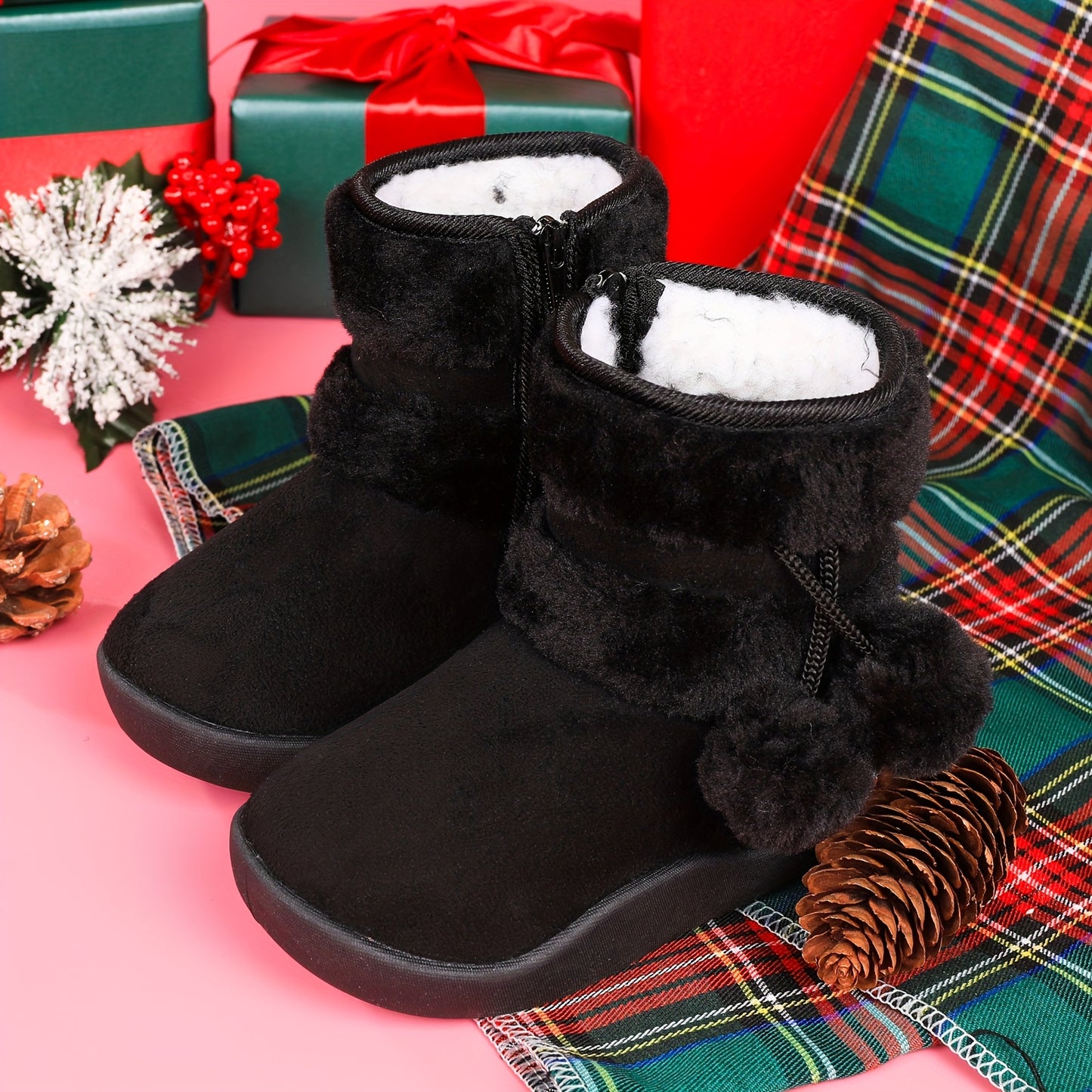 Kids' Plush Snow Boots - Slip-On Winter Boots with Non-Slip TPR Sole, Soft Fabric Upper & Fuzzy Lining - Warm Cold Weather Shoes for Boys & Girls, Toddler & Children - Christmas Halloween Gift (Pink) - Easy On/Off for Snow, I