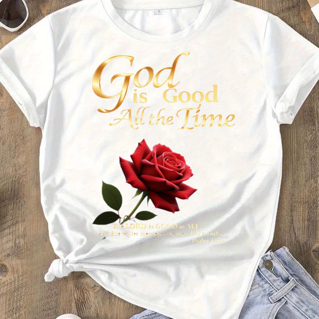 Plus Size Women's 100% Cotton Christian Faith T-Shirt - "God is Good All The Time" Black Tee with Red Rose & Psalm 145:9 Design, Casual Round Neck Short Sleeve Top for Mother's Day, Juneteenth, Spring/Summer (0XL-4XL), Everyd