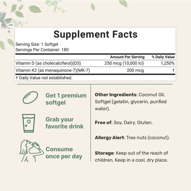 Micro Ingredients, Vitamin D3 10000 iu Plus K2 (MK-7) 200 mcg, 180 Virgin Coconut Oil Softgels| 2 in 1 Vitamins D & K Complex | Supports Calcium Absorption, Bone, Immune, & Heart Health – Easy to Swallow | Local Warehouse