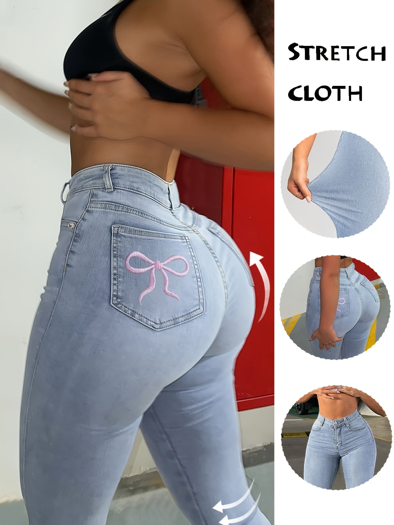 Bootcut Women Jeans High Blue Waist Elasticity Slim Fit Wash with Holes Casual Versatile