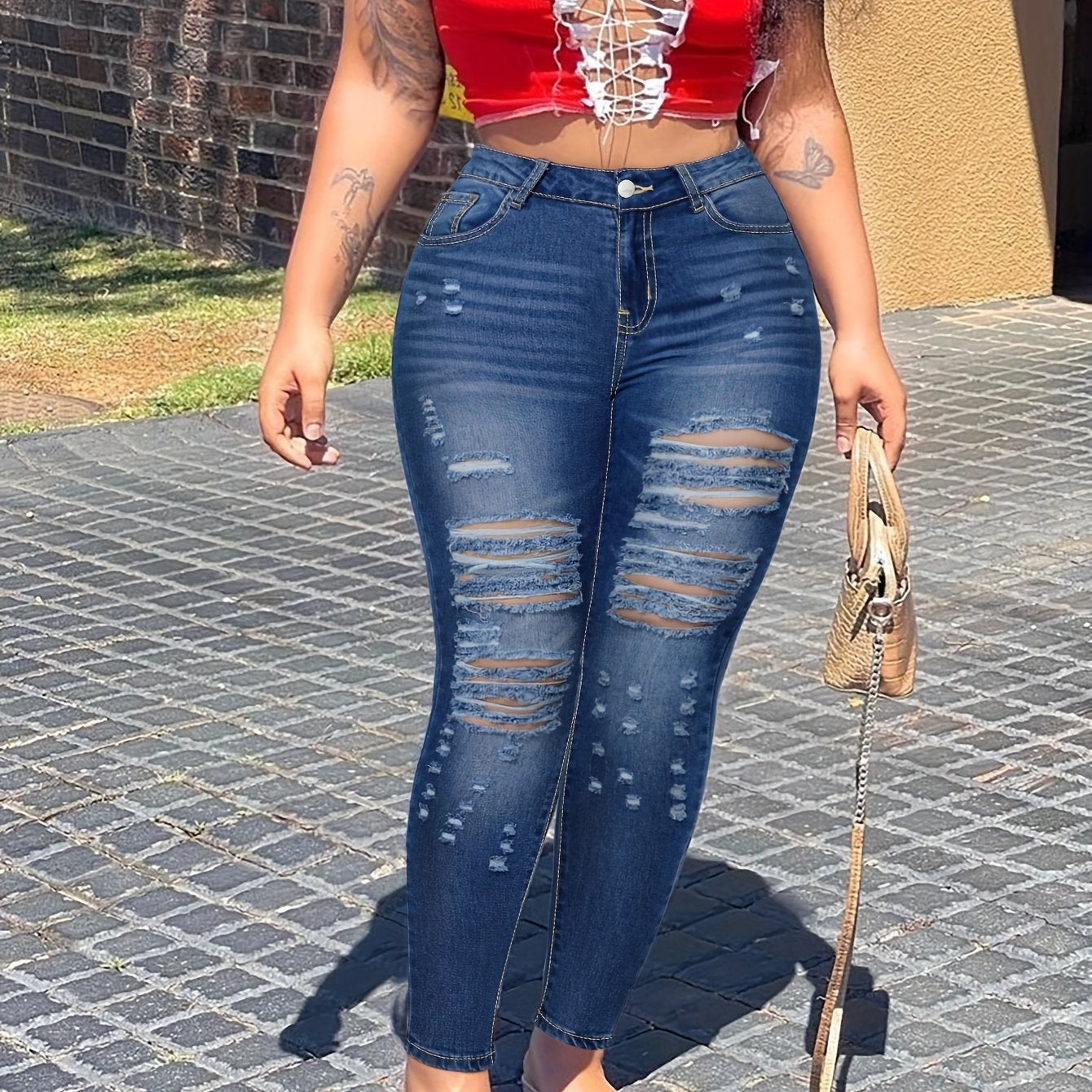 Plus Size Casual Jeans, Women'S Plus Washed Ripped Button Fly Fringe Trim High Stretch Skinny Jeans