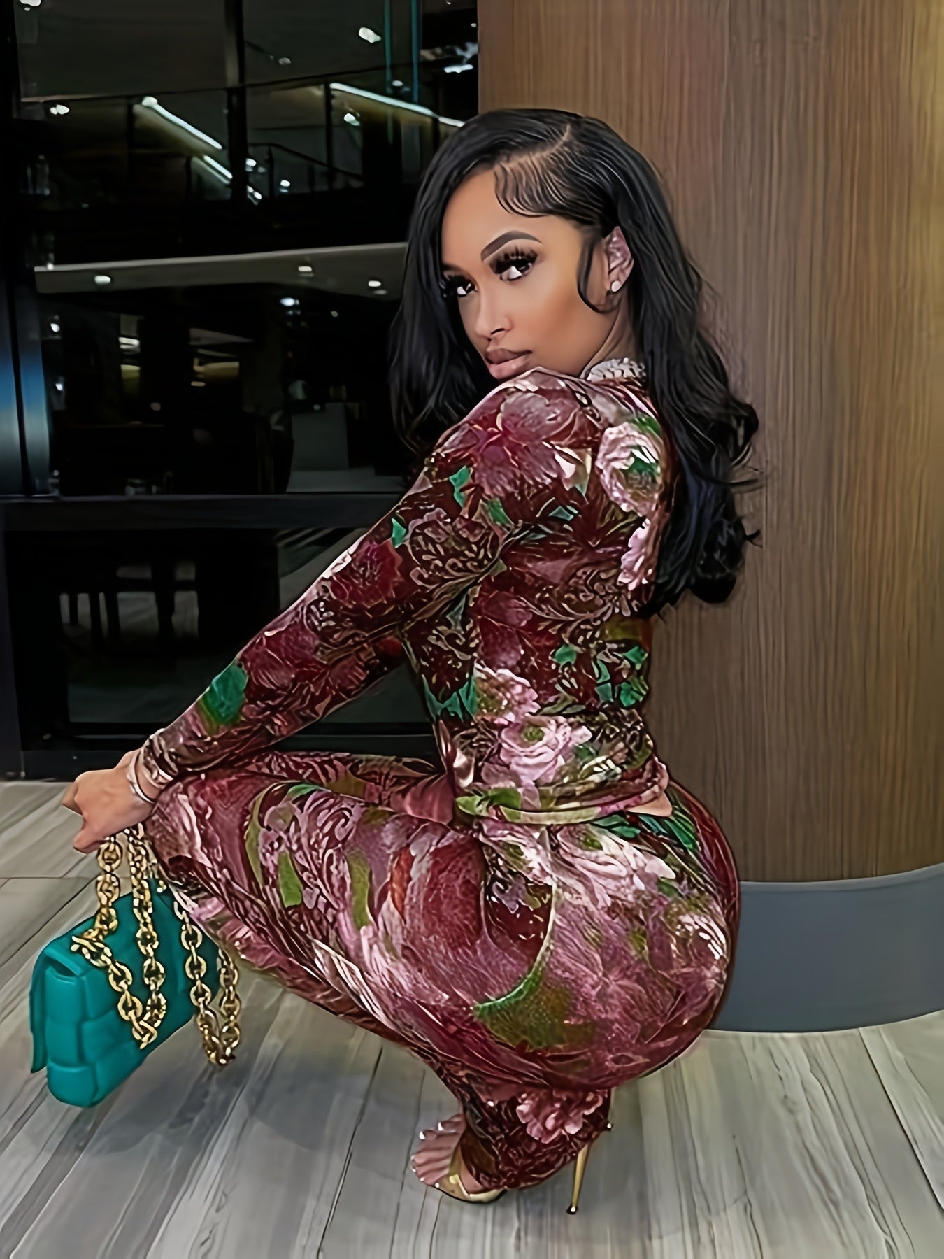 Women Two Piece Set Floral Print See-Through Mesh Long Sleeve Round Neck Top and Pants Set Long Sleeve Round Neck Cropped Top and High Waist Flared Pants Set Y2K Style Suitable for Leisure, Party, Festival