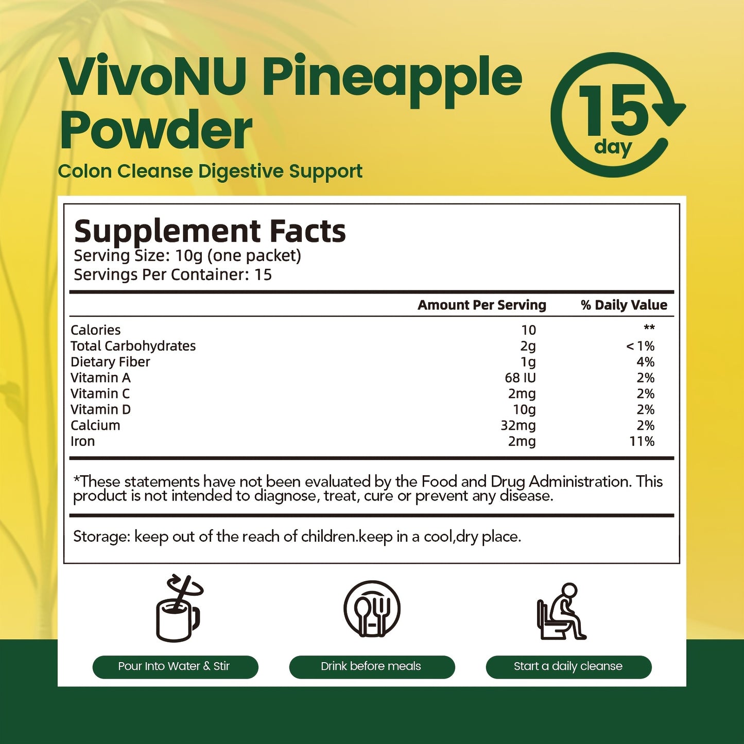 Super Greens | Pineapple Powder | Colon Cleanse And Digestive Support | Support Gut Health I Natural Sweetener No Artificial Flavors | Daily Fiber To Eliminate Toxins And Reduce Bloating (15 Servings/1 Bag)