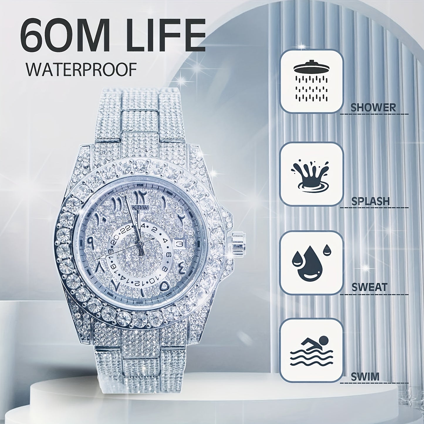 Luxury Hip Hop Rhinestone Watch for Men - West Coast Style Mechanical Automatic Wristwatch with Glowing Dial, Rhinestone-Studded Band & No Battery Needed - Perfect Christmas Valentine's Thanksgiving Gifts for Him, Statement J