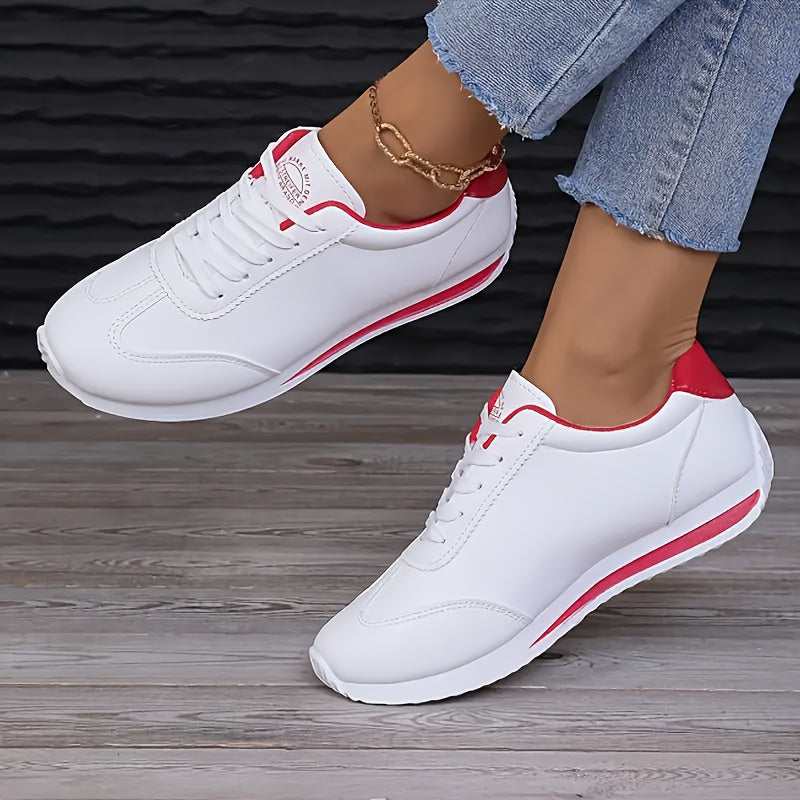 2025 New Women's Low-Top Skateboard Sneakers - Breathable Synthetic Cover & Fabric Upper, Comfortable Rubber Sole, White with Red Accents - Sporty Casual Shoes for All-Season Outdoor Wear, Skate Shoes, Sleek Sneaker Design, F
