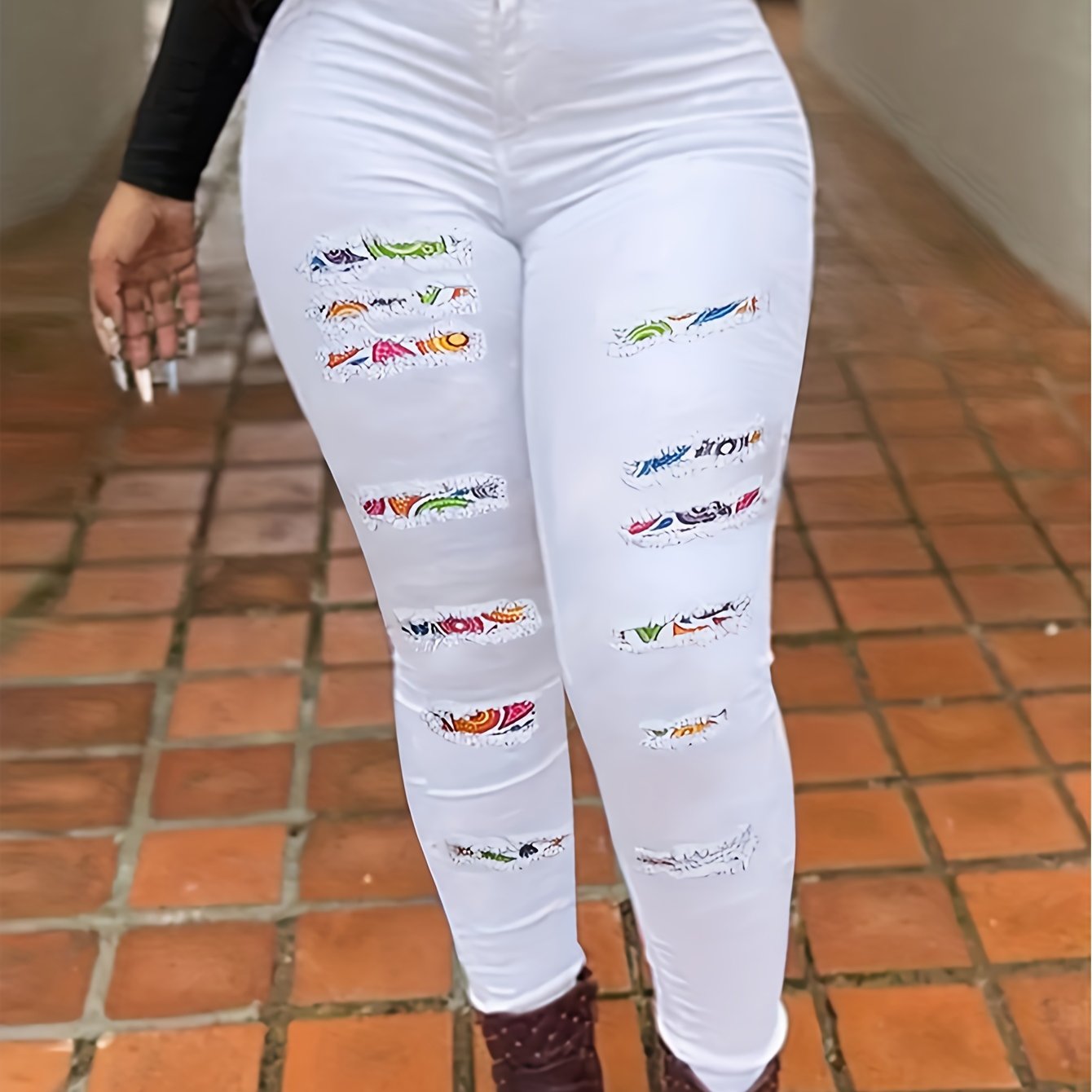 Women's Plus Size Casual Skinny Printed Patchwork Ripped Denim Jeans With Stretch, Full Length Pencil Pants, Fashion Printed Trousers