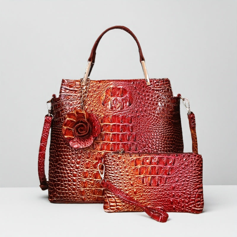 2pcs Crocodile Print Handbag Set - Fashionable Vintage Style, Multi-Functional Top Handle Crossbody, Business Clutch & Coin Purse - Spacious, Secure, Ideal for Everyday Chic