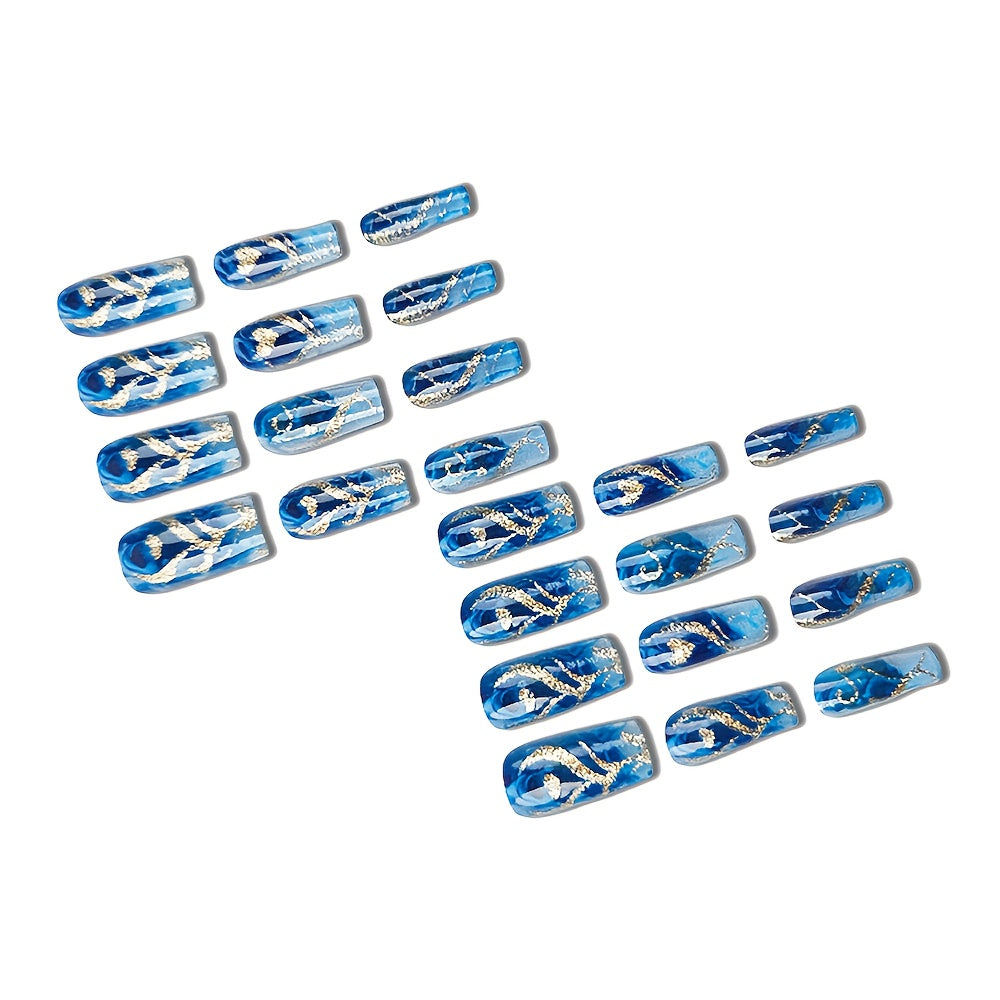 24pcs Ballet Shape False Nails - French Blue with Golden Stripes & Heart Designs, Medium Length Glossy Press-On Nails for Women & Girls, Elegant Glamour for Parties, Weddings, Daily Wear