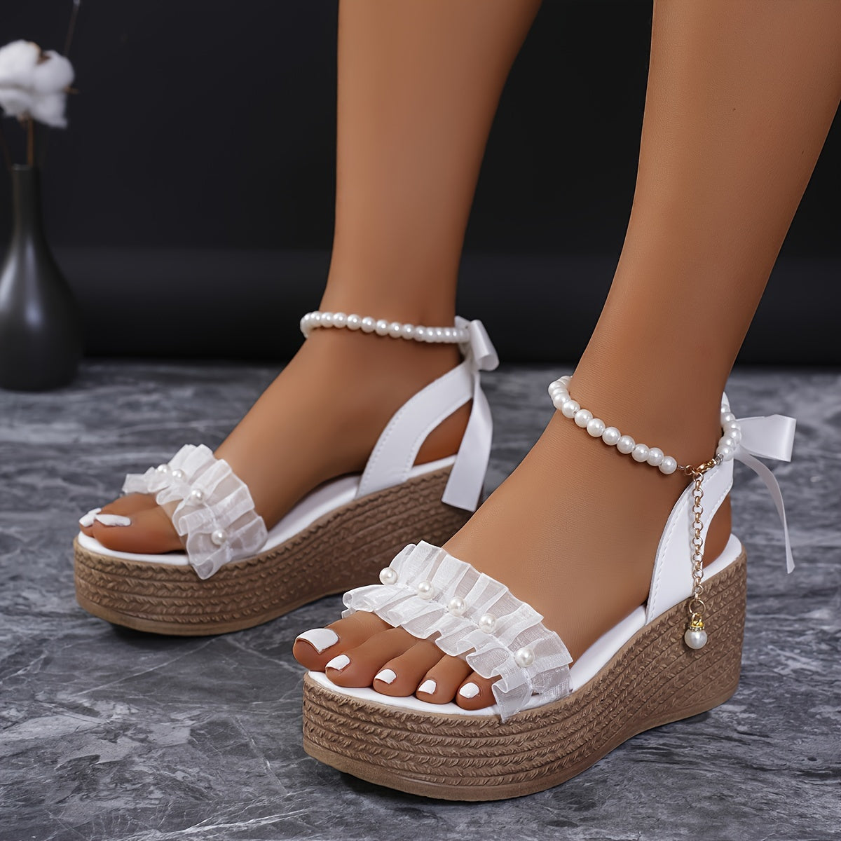 2024 New Women's & Chain Accent Wedge Sandals - Slip-On Open-Toe Summer Shoes with Thick Platform Heel, Faux Cover Upper & PU Sole, Hand Washable Casual Beach Footwear, Chunky Heel Sandals, Bow Adorned Footwear, Durable Comfo