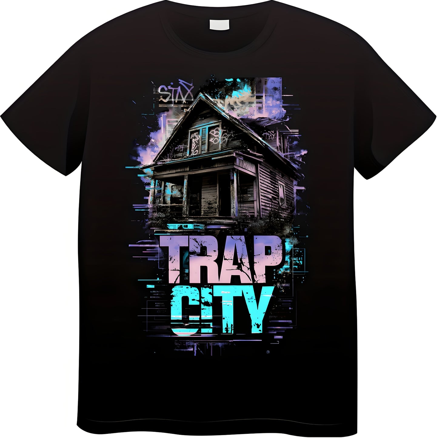 2025 Graffiti-Style Men's T-Shirt - TRAP CITY Text & Anime Graphic Print, Black Crew Neck, 100% Cotton, Breathable & Comfortable, Regular Fit Casual Top for Daily Wear, Comfortable Streetwear, Urban Anime Apparel
