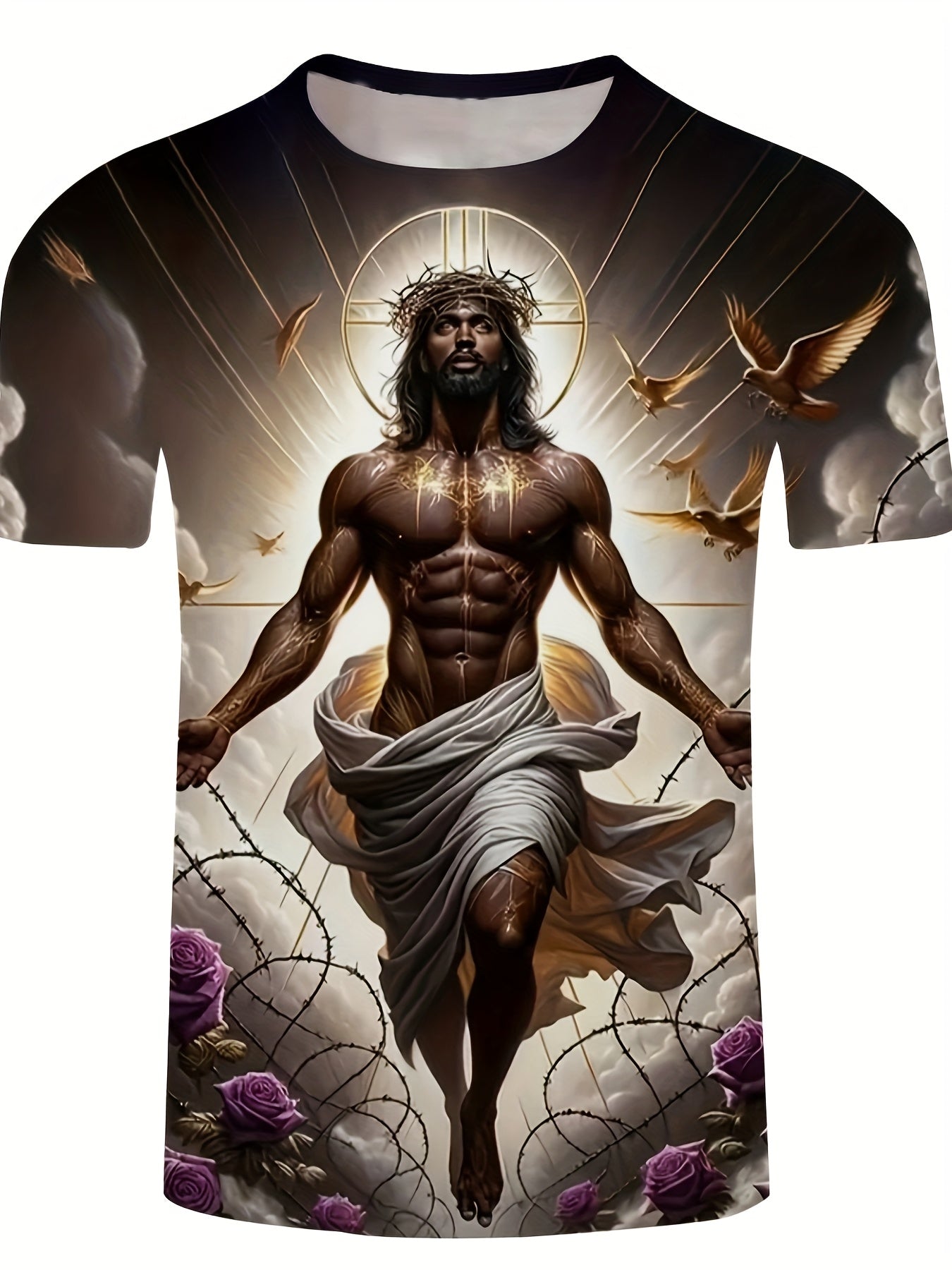 Men's 3D Baroque Messiah Art T-Shirt - Soft Polyester Summer Short Sleeve Tee with Full-Body Religious Art Print, Regular Fit for Casual, Travel & Vacation Wear, Comfortable Daily Shirt, Classic Round Neck, Durable Casual Shi