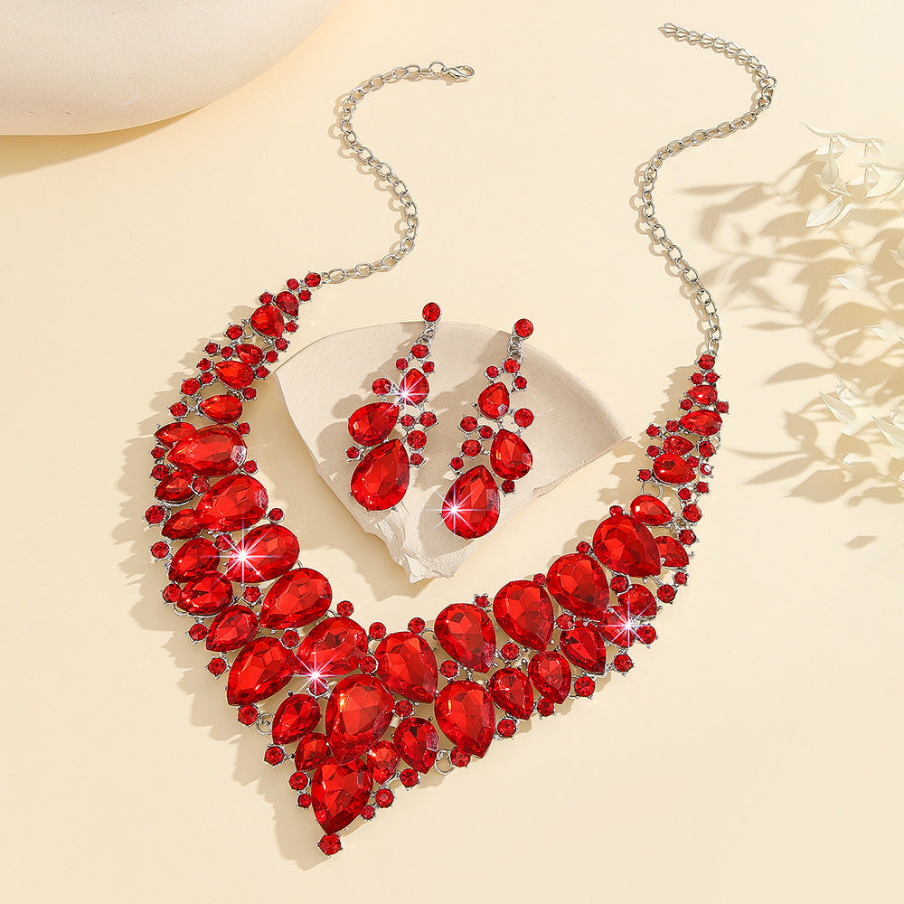 2pcs Bold Red Lab-Created Artificial Crystal Necklace& Earrings Set, Bridal Wedding Jewelry Gift for Women, Statement Anniversary Valentine's Day Accessories for Bride, Luxe Artificial Crystal Bridesmaid Set