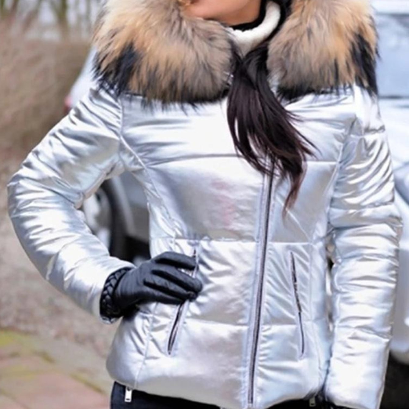 Plus Size - Plus Size - Plus Size Women'S Elegant Hooded Winter Jacket - European & American Style Warm Mid-Length Coat with Full-Zip Front Closure, Soft Pink Fur Collar & Long Sleeves, Cozy Insulated Outerwear for Fall/Winte