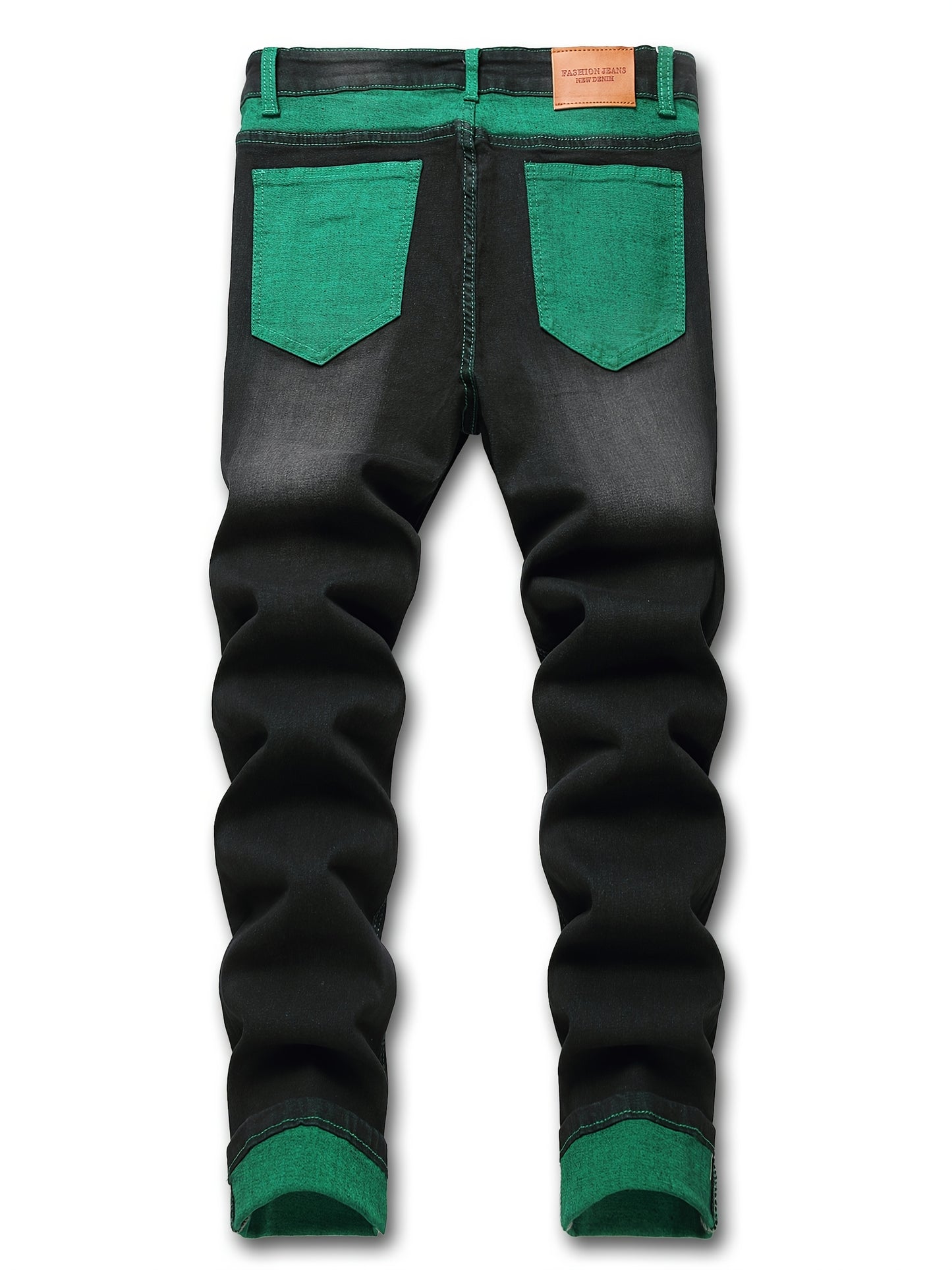 Men'S Casual Black Stretch Jeans with Unique Green Design - Ripped Knee Patches, Zipper Fly, Mid Waist, Straight Leg, All-Season Fashion, Casual Attire|Distressed Jeans|Stretchy Fabric
