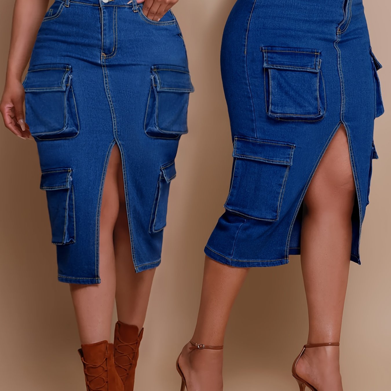 Plus Size Women'S Blue Denim Cargo Skirt - Multi-Pocket Bag Hip Design, Knee Slit Hem, Niche Joker Slimming Style, Summer Fashion Overskirt
