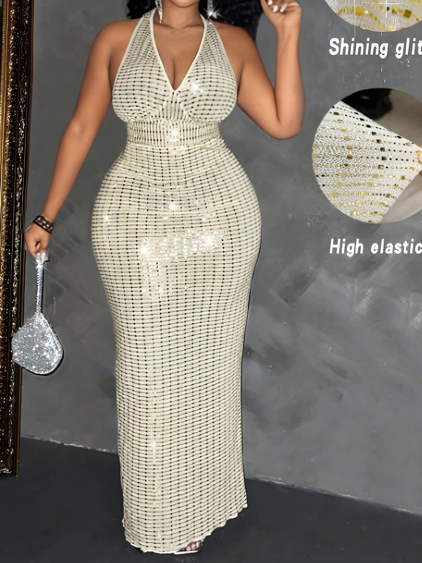 Plus Size Women's Sleeveless Halter Neck Sequin Dress - Elegant Bodycon Summer Party Dress with High Slit, Hand Wash Only, Formal Occasion Attire | Stretchy Fabric Gown