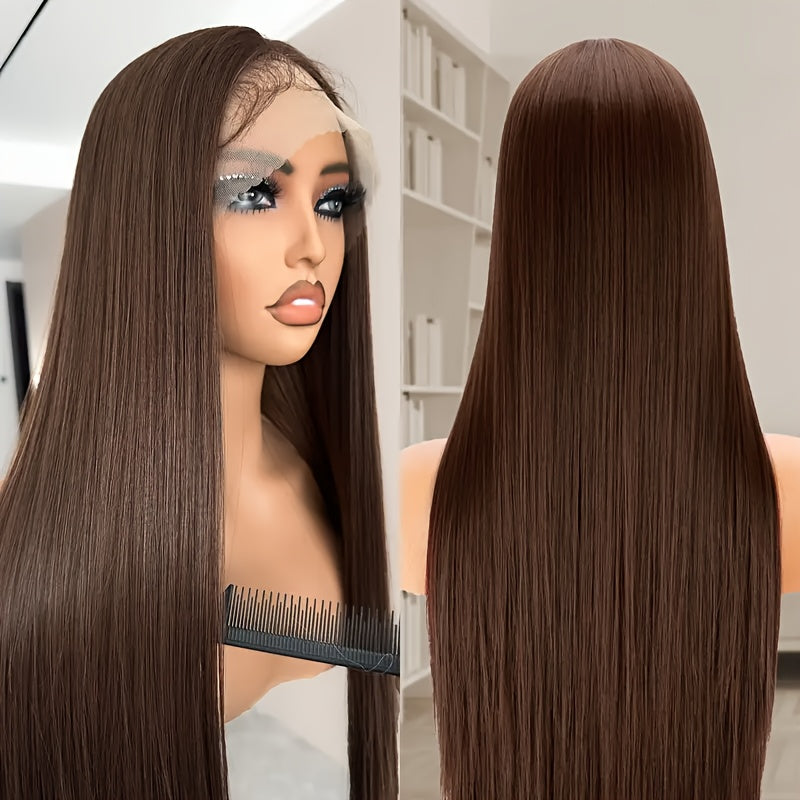 Chocolate Brown Straight Lace Front Wig - 13x4 HD Transparent Human Hair, 200% Density, Pre-Plucked with Baby Hair, Glueless Design for a Sleek, Natural Look