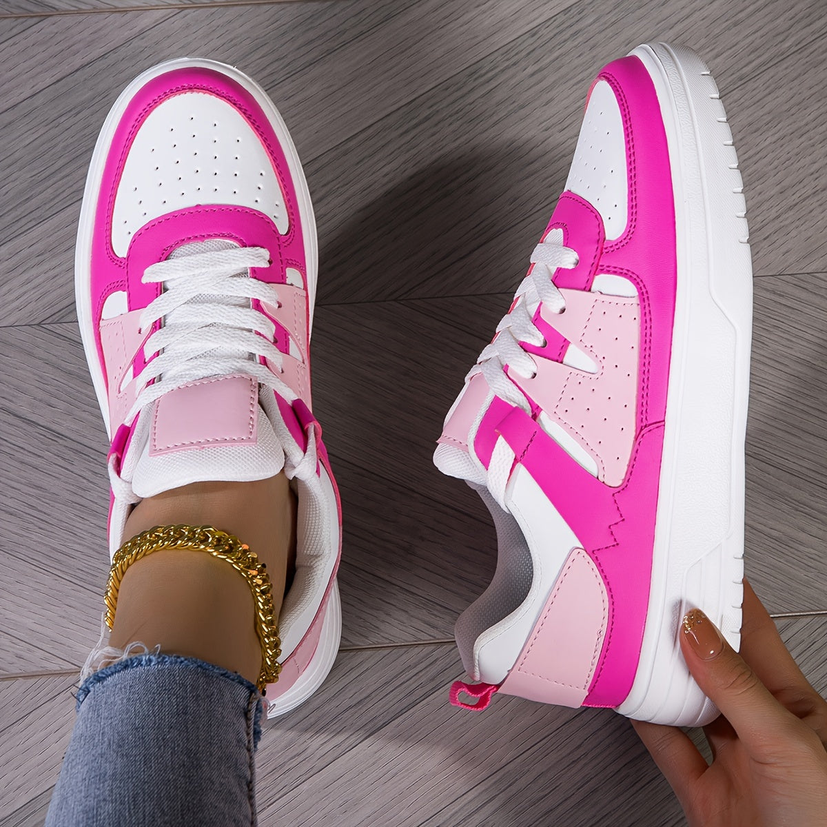 Women'S Plus-Size Pink & White Contrast Platform Sneakers - Breathable Synthetic Cover, Thick Cushioned EVA Sole, Low-Top Lace-Up Casual Sports Shoes for All-Season Comfort, Ladies Sneakers, Allseason Footwear, Durable Comfor