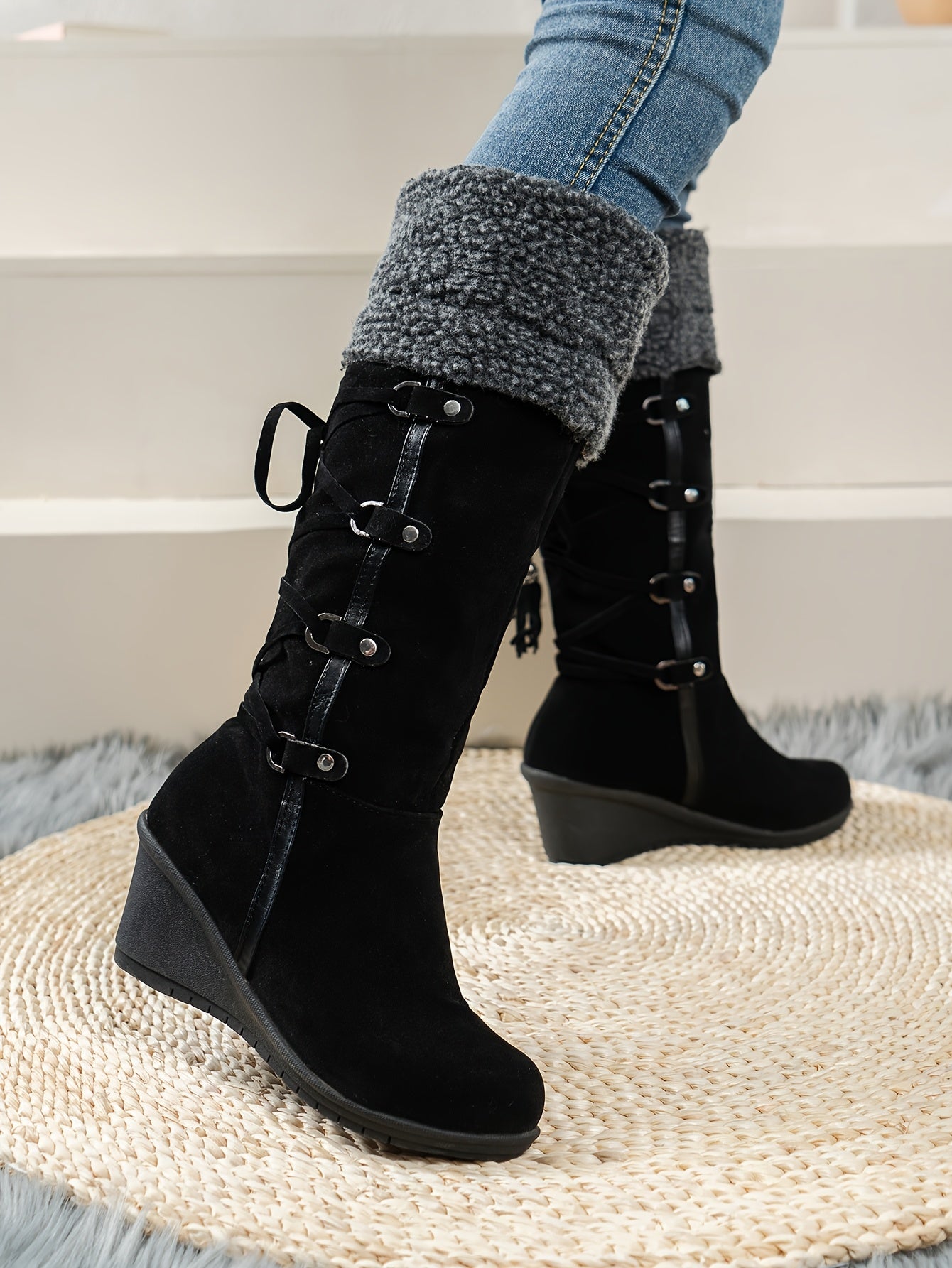 Women's Comfortable Black Mid-Calf Boots - Cozy Fabric Lining, Non-Slip Rubber Sole, Side Zipper, Tassel Accents for Stylish Winter Warmth