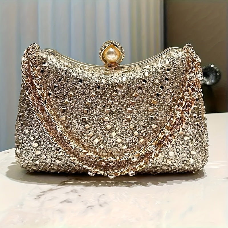 5pcs Women's Elegant Rhinestone-Embellished Evening Handbag & Crossbody - Convertible Shoulder/Dance Party Wedding Accessory with Necklace, Earrings, Bracelet & Ring Gift Set (Golden) Suitable for Prom, Gala, Dinner Parties