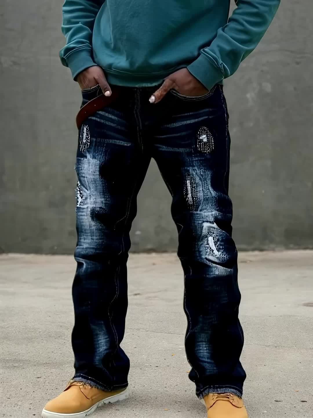 2025 New Men'S Slim-Fit Straight Leg Faux Denim - Stretch Soft Faux Denim Pants with Elastic Waist & Built-In Zipper Closure, All-Season Comfort, Classic Blue Washed Casual Trousers for Casual Attire, Office & Semi-Formal Out