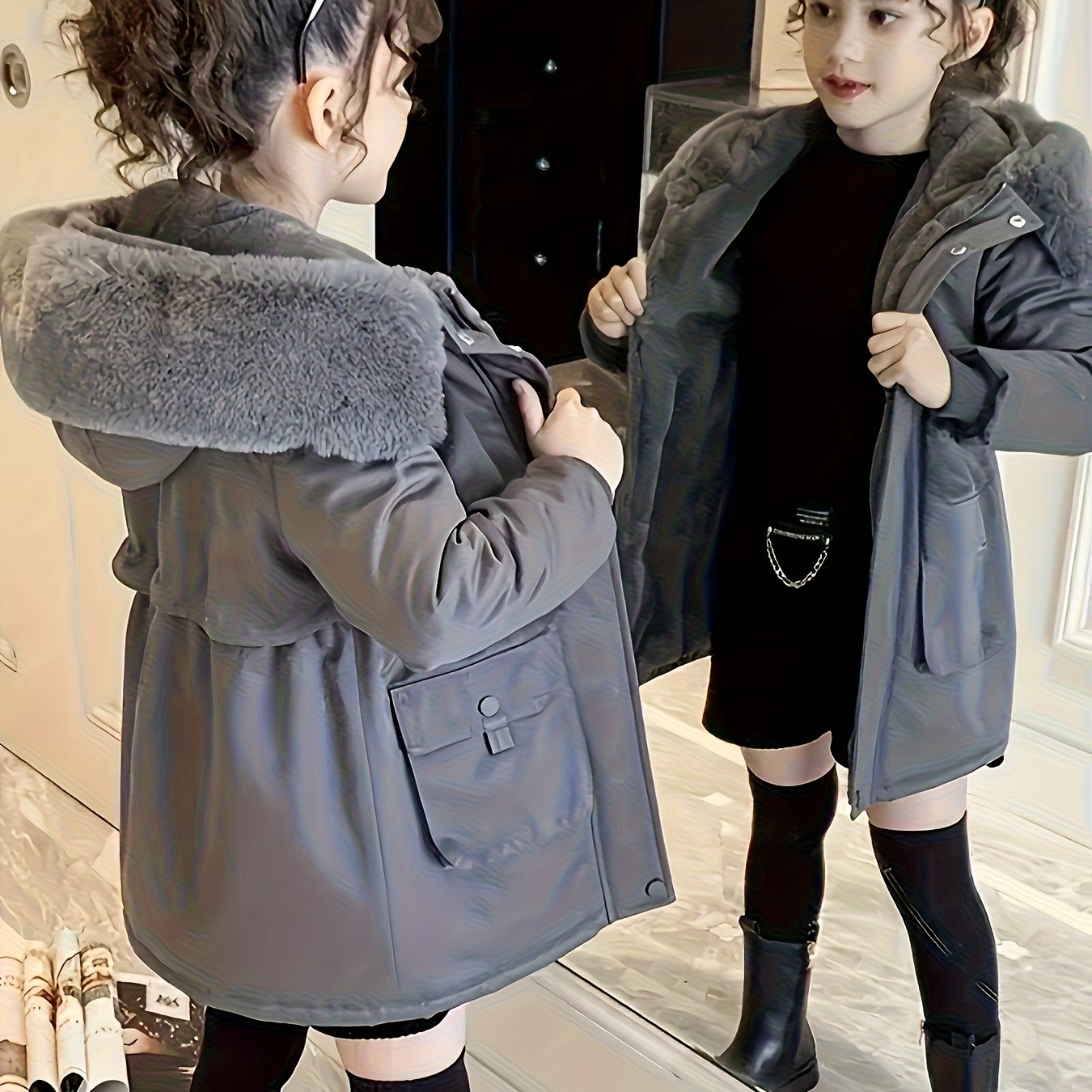 Girls' Winter Parka | 2025 New Fashion Thickened Plush Hooded Midi Coat with Zipper, Suitable for Ages 3-12