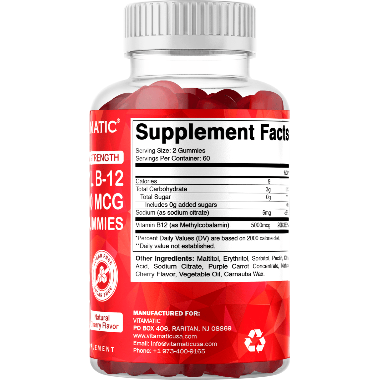 Vitamatic Extra Strength Vitamin B12 5000 mcg (Methyl B12) Gummies - 120 Count - Natural Cherry Flavored