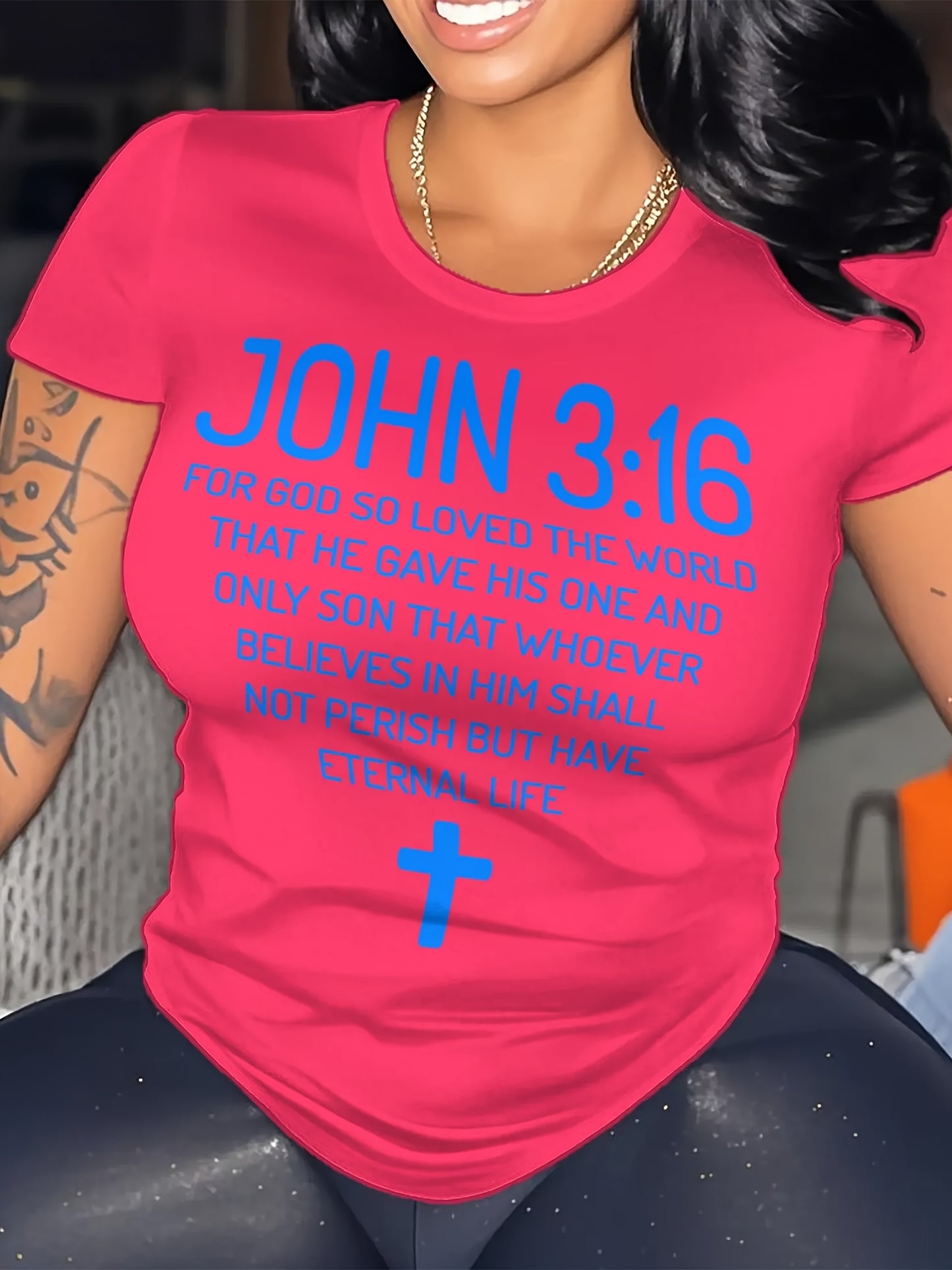 Plus Size - Plus Size Women'S "John 3 16 Bible Verse Scripture Christians" Print Summer T-Shirt | Soft Breathable Fabric | Casual Short Sleeve Round Neck Tee | Summer Vacation Clothing | Size 0XL-5XL - Coral - Black - Rose Re