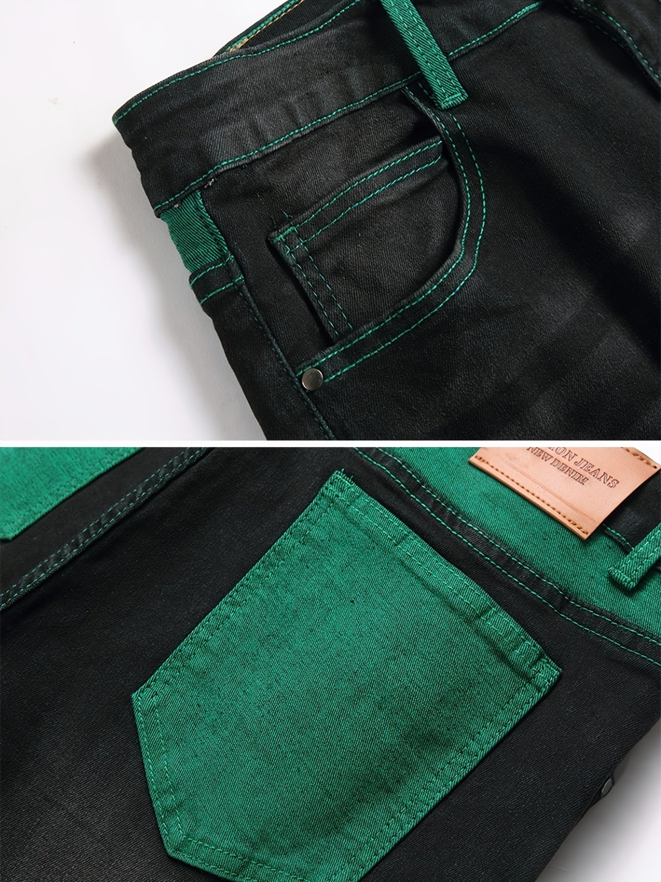 Men'S Casual Black Stretch Jeans with Unique Green Design - Ripped Knee Patches, Zipper Fly, Mid Waist, Straight Leg, All-Season Fashion, Casual Attire|Distressed Jeans|Stretchy Fabric