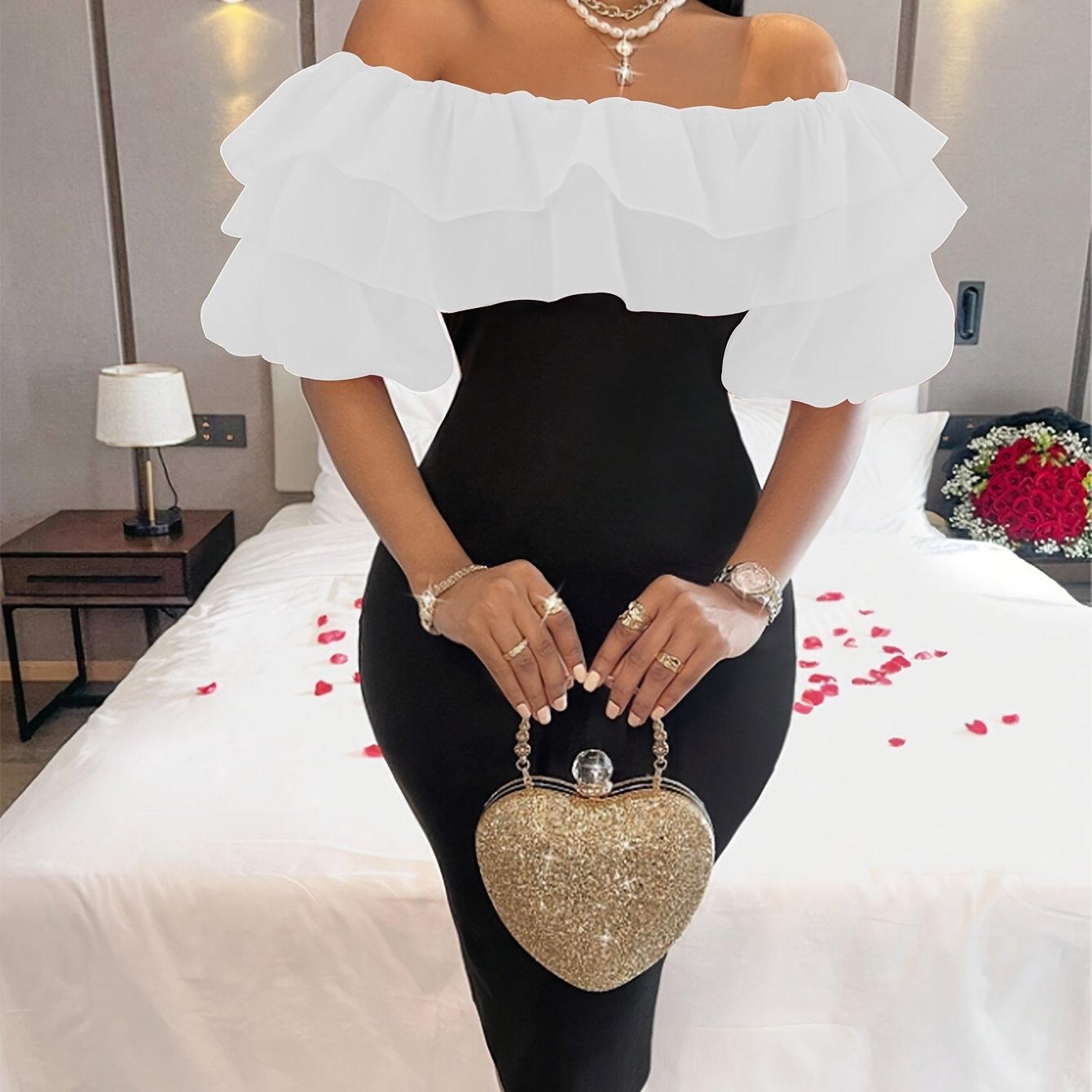 Women's Elegant Off-the-Shoulder Stretch Bodycon Dress with High Slit & Layered Ruffles - Solid Black, Machine Washable, All-Season Versatile for Casual to Formal Occasions, Evening Wear, Feminine Chic Style, Sleek Silhouette