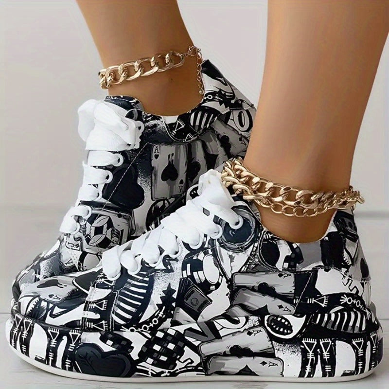 Women'S Breathable Low-Top Lace-Up Sneakers with Thick Rubber Sole- Monochrome Graphic Print Casual Shoes for Petite Women, All-Season Versatile Sneakers with Synthetic Cover Upper, Ladies Sneakers, Everyday Footwear, Modern